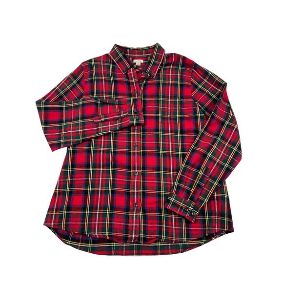 LL Bean Womens Red Relaxed Scotch Plaid Button Down Flannel Shirt Size Large - Picture 2 of 10